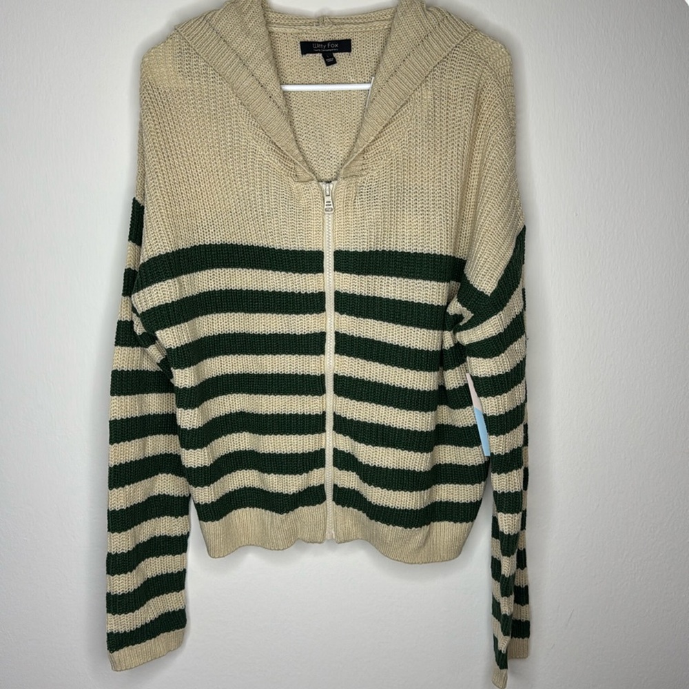 Large, hooded, two toned beige cardigan.